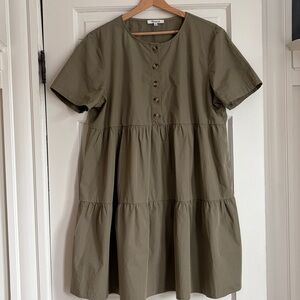 Madewell Olive Green Button-Front Tiered Cotton Dress
